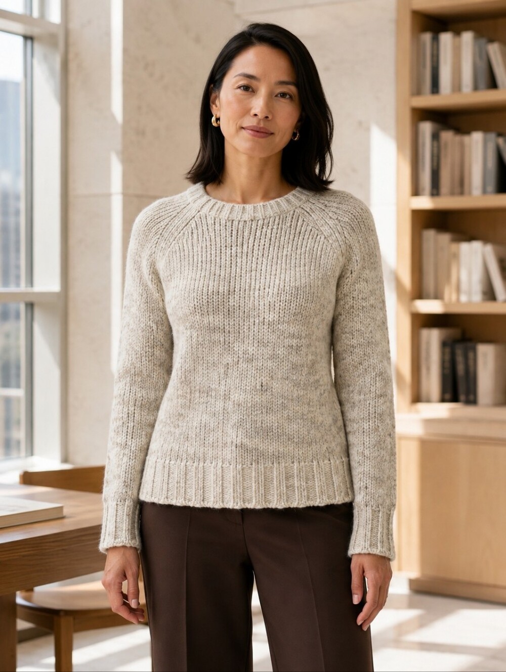 White + Warren Alpaca Wool Marled Crewneck Sweater Oatmeal M